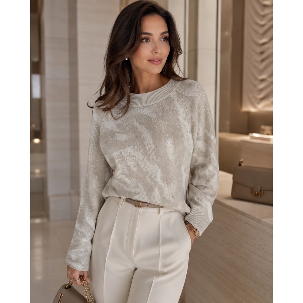 Athleta Zebra Textured Crew Sweater Jacquard Cream Sz L Gorpcore Athleisure